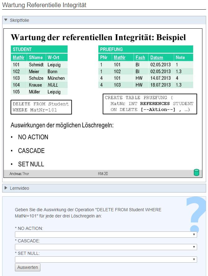 Thema-Seite Lernvideo erläutert / ergänzt eine Skriptfolie mit Erklärpotenzial Testfrage