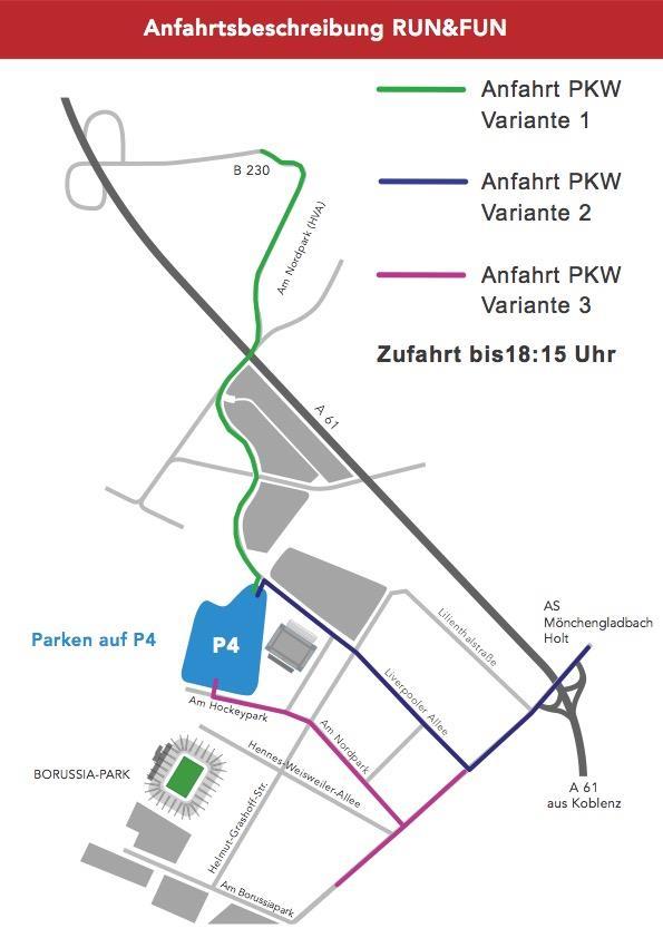 Anreise Firmenlauf / PKW PKW : Parkplatz P 4 gratis Aus Richtung Düsseldorf und Venlo: Sie fahren die A 52 bis zum AutobahnkreuzMönchengladbach.