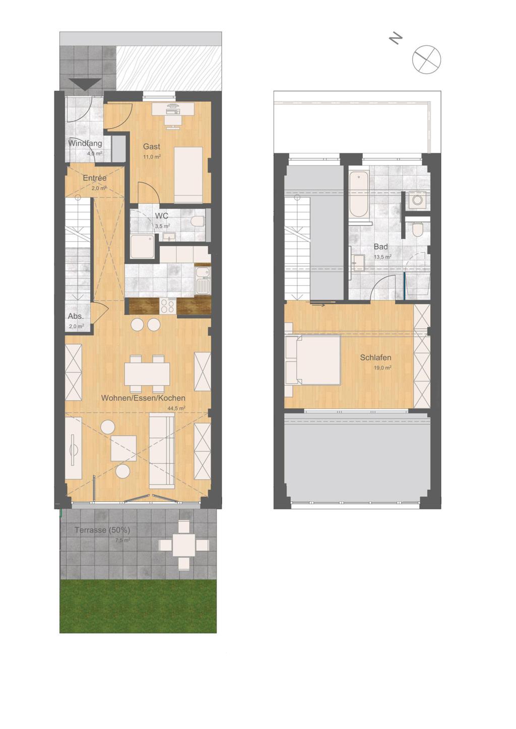 15a WE E1 3-Zimmer-Wohnloft mit Gartenterrasse EG & 1.OG 107 qm Hinweis: Bei den Maßangaben handelt es sich um ca.- Angaben. Darstellungen zu Möbeln, Gartengestaltung etc.