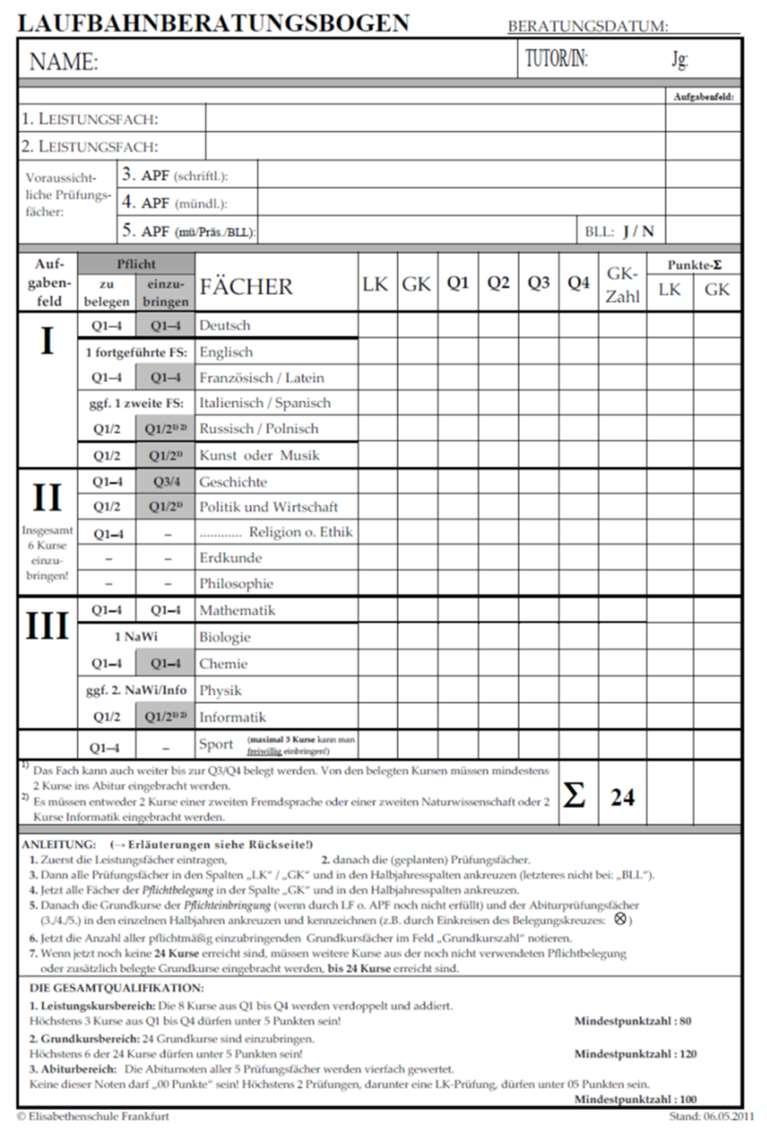 Laufbahnberatung Der Laufbahnberatungsbogen (LBB), mithilfe dessen die Schülerinnen und Schüler ihre Kursbelegung und einbringung planen und