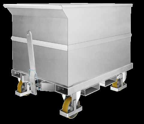 Behälterwagen Behälter für Metallspäne inkl. Staplertaschen 430 Liter Handgriff an der Wagenvorderseite serienmäßig mit Kupplung und Deichsel Überfahrschutz an allen Rollen max.