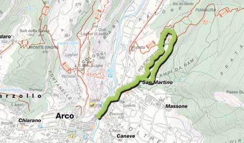 33 7. Bosco Caproni e Trincee di Vastrè ARCO 7 E h. 2 itinerario circolare Rundweg loop Carmellini al Ponte - Arco mt. 200 DESCRIZIONE/BESCHREIBUNG/DESCRIPTION Seguire la ciclabile fino a loc.