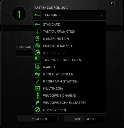 TASTENZUWEISUNGSMENÜ Anfangs ist jede Maustaste auf STANDARD eingestellt. Du kannst jedoch die Funktionen dieser Tasten ändern.