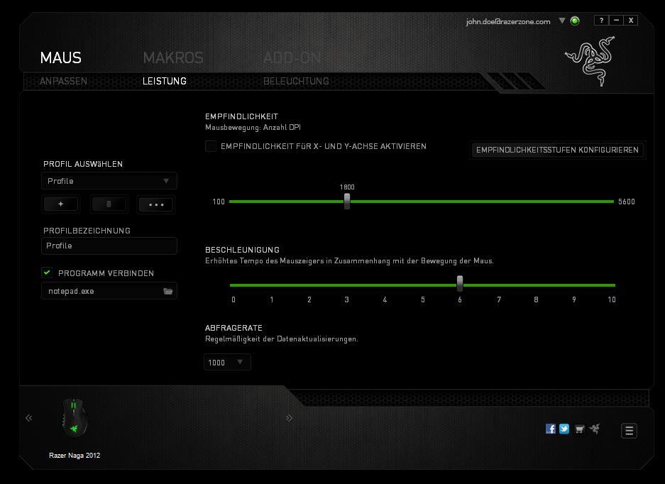 REGISTERKARTE LEISTUNG In der Registerkarte Leistung kannst du die Geschwindigkeit und Präzision deines Mauszeigers verbessern.