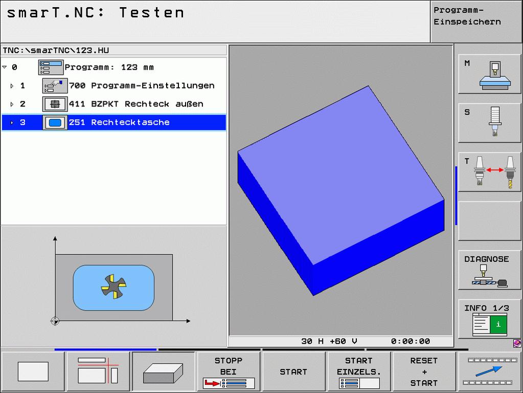 Test-Grafik und Programmlauf-Grafik Die Bildschirmaufteilung GRAFIK oder PROGRAMM+GRAFIK wählen! In den Unter-Betriebsarten Testen und Abarbeiten kann die TNC eine Bearbeitung grafisch darstellen.