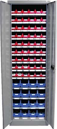 Elektrik Werkstattschrank II Stahlblech, Farbe: blau, abschliessbar - 9 Fachböden mit 54 stabilen Lagerboxen, Grösse 4, rot - 3 Fachböden + Grundboxen mit 16 stabilen Lagerboxen, Grösse 3, blau -