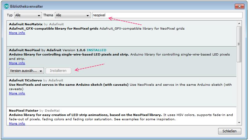 Im sich darauf öffnenden Bibliotheksverwalter suchen Sie unter dem Suchbegriff Neopixel die