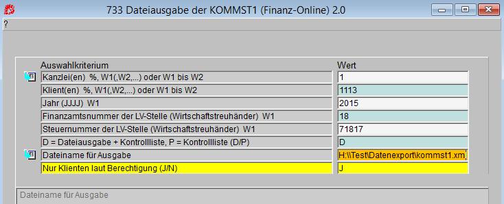 3.5.3. Dateiausgabe der KommSt 1 für Finanz-Online, 733 Mit F3 und T (Blockmenü datei-e in 732) kann man von der Maske 732 in die Maske 733 durchsteigen. Achtung beim Dateinamen: Dateiname.