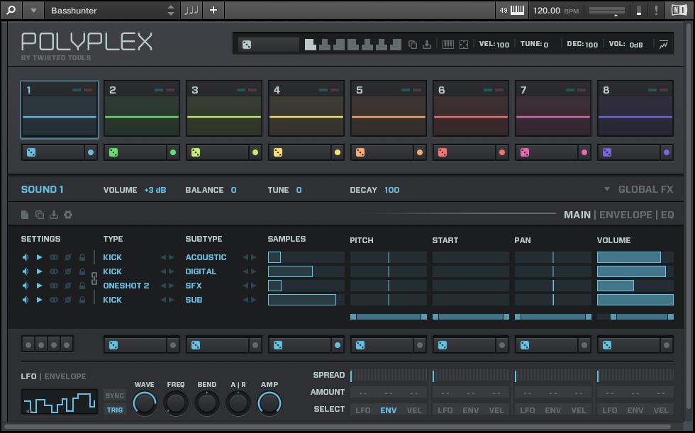 Globale Bedienelemente und Preferences Instrumenten-Views POLYPLEX im Additional-View.