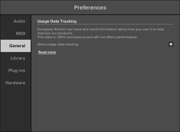 Globale Bedienelemente und Preferences Preferences (Voreinstellungen) Nutzungs-Daten-Tracking in den KOMPLETE-KONTROL-Preferences. Um das Nutzungs-Daten-Tracking zu aktivieren oder zu deaktivieren: 1.