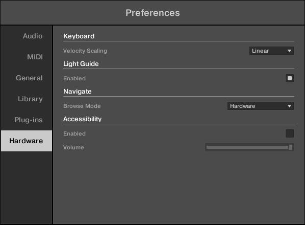 Globale Bedienelemente und Preferences Preferences (Voreinstellungen) Preferences Hardware-Page.