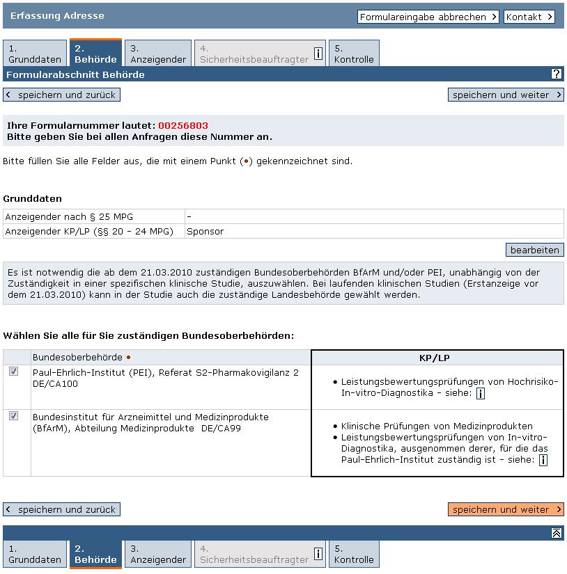 Für den Formularabschnitt 3. Anzeigender werden Ihre Daten vom Usercode-Antrag übernommen.