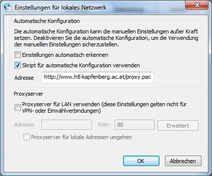 Abbildung 8: Eingabe der Adresse für das Proxyskript unter Windows 7 6. Geben Sie in das Textfeld Adresse folgenden Text ein http://www.htl-kapfenberg.ac.at/proxy.pac 7.
