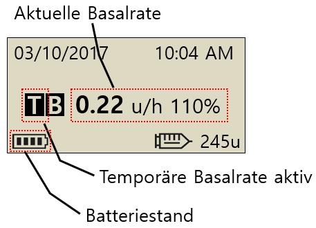 1 Datums- und Uhrzeiteinstellung Hinweis Wenn die Zeit auf 12 eingestellt wird, wird AM/PM angezeigt. Basalrate aktiv Dieses Symbol blinkt auf, wenn die Basalrate aktiv ist.