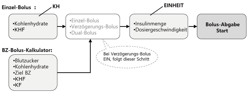 5. Bolus-Abgabe Die DANA Insulinpumpe kann Bolus Insulin unter Verwendung unterschiedlicher Eingabeparameter zur Berechnung der Bolus-Menge abgeben.