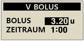 Wählen Sie den Verzögerungs- Bolus und bestätigen Sie mit 3. Das Menü V BOLUS zeigt den derzeit aktiven Verzögerungs-Bolus an.