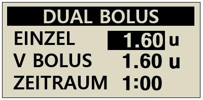 6.9 Dual-Bolus Der Dual-Bolus ist eine Kombination aus Einzel- und Verzögerungs-Bolus. Dieser ist nützlich bei Mahlzeiten, welche sowohl schnell, als auch langsam verdauliche Kohlenhydrate enthalten.