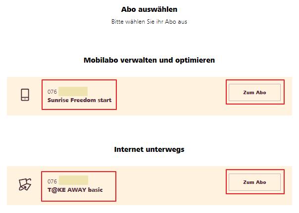 4. Falls Sie mehrere Abos besitzen, klicken Sie auf die Schaltfläche Abos, wählen Sie Ihr gewünschtes Mobile-Abo aus und klicken auf der entsprechenden Zeile auf die Schaltfläche Zum Abo. 5.