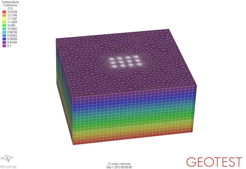 4. Numerisches Wärmetransportmodell 4.1 Modellaufbau Für die Simulationen wurde ein numerisches 3D Wärmetransportmodell mit der Software FEFLOW 6.2 erstellt.