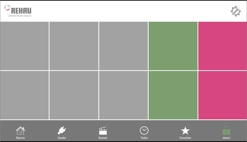 3. Startbildschirm der App REHAU SMART Einstellungen Darstellung der Räume mit den zugeordneten Komponenten Aktivierung/Deaktivierung der Alarmfunktion Darstellung der
