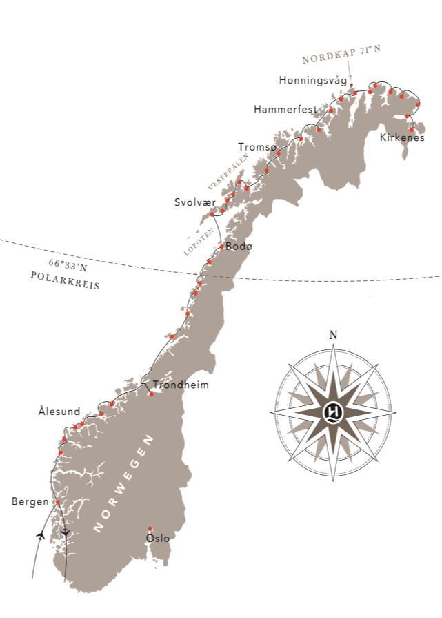 Sie gilt als die schönste Seereise der Welt, die Fahrt mit dem Hurtigruten Schiff zwischen der alten Hansestadt Bergen und Kirkenes, dem Wendepunkt der Reise nahe der russischen Grenze.