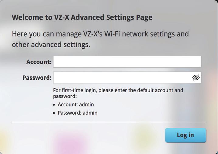Auf die erweiterten Einstellungen der VZ-X zugreifen "Sie können auf die erweiterten Einstellungen der VZ-X zugreifen, um die Wi-Fi-Netzwerkeinstellungen zu ändern, den Passwortschutz einzurichten,