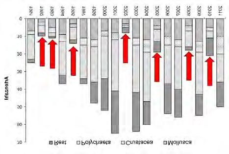 44 Beschreibung und Einschätzung des Umweltzustands Abbildung 13: Entwicklung der Artenzahl, Abundanz und Biomasse des Makrozoobenthos an der Station am Fehmarnbelt von 1991 bis 2011.