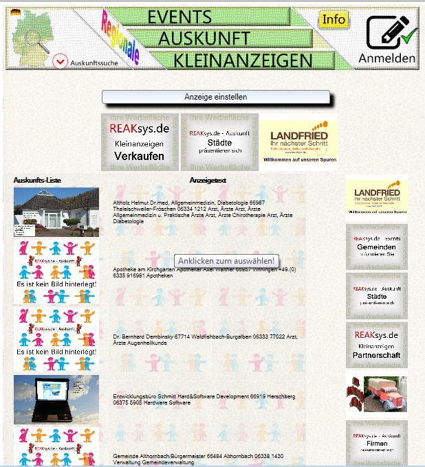 4. Anklicken der Auskunft 4..Bild0 Nachdem Sie Events, Auskunft oder Kleinanzeigen angeklickt haben wird die Suchfunktion (Bild0.) freigegeben.