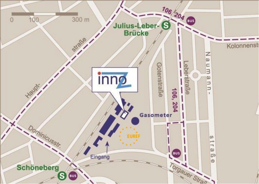Anfahrt: Bitte reisen Sie mit den öffentlichen Verkehrsmitteln über den Haupteingang des EUREF-Campus von der S-Bahn-Station Schöneberg kommend an: Bus Linien M46, 248: Station Schöneberg; M48, M85: