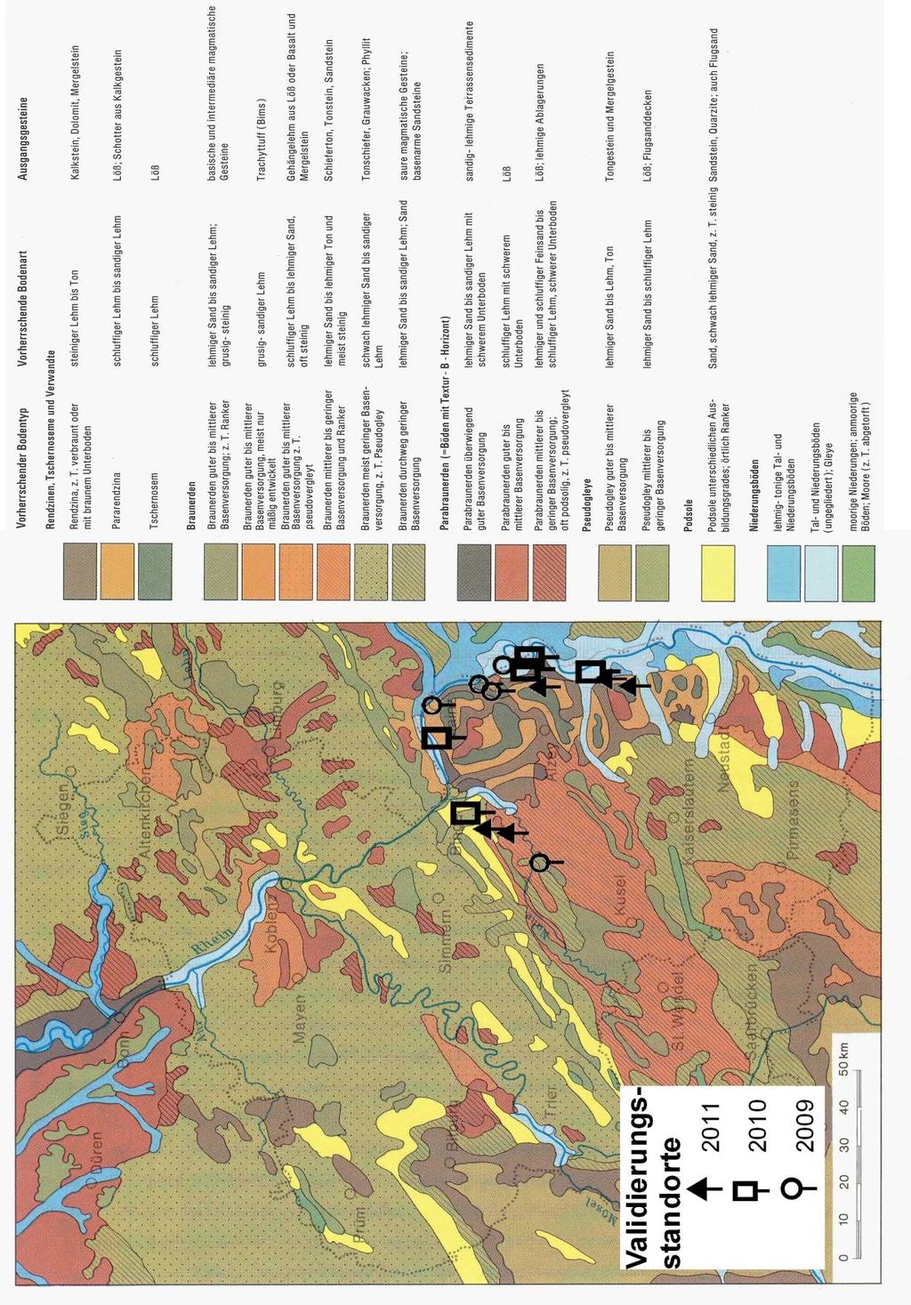 Bodenfeuchtesimulation 43 Abbildung 11: Lage der Validierungsstandorte in der Übersichtskarte der Böden des Rhein-Mosel-Raumes (Quelle: Abbildung FISCHER 11: Lage (1989) der nach