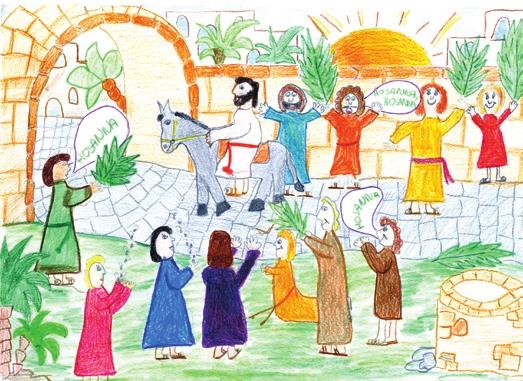 Jesus ritt auf dem Esel nach Jerusalem. Die Leute, die zusammen mit ihnen unterwegs waren, breiteten ihre Kleidung wie einen Prunkteppich vor ihm aus.