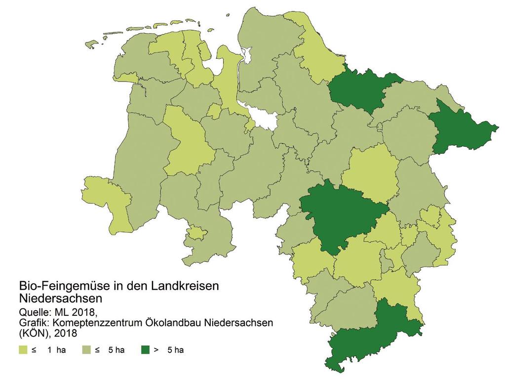Gemüse Öko-Feldgemüseflächen in den niedersächsischen Landkreisen 2018 Quelle: ML 2018, Grafik: KÖN 2018 Große Anbaugebiete für Öko-Feldgemüse liegen in der Mitte und im Nordosten Niedersachsens.