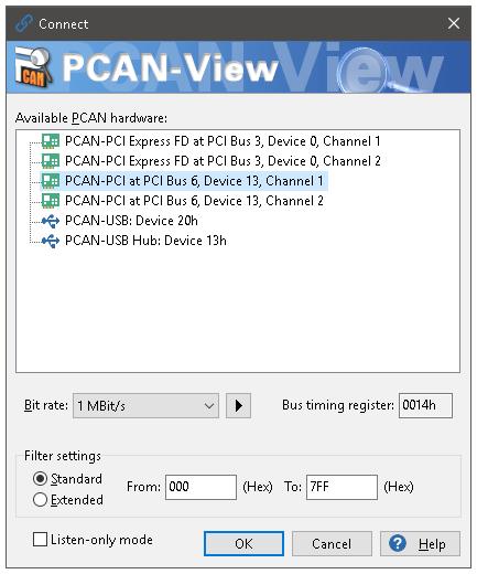 So starten und initialisieren Sie PCAN-View: 1. Öffnen Sie PCAN-View über das Windows-Startmenü. Das Dialogfenster Connect erscheint. Abbildung 7: Auswahl der Hardware und Parameter 2.