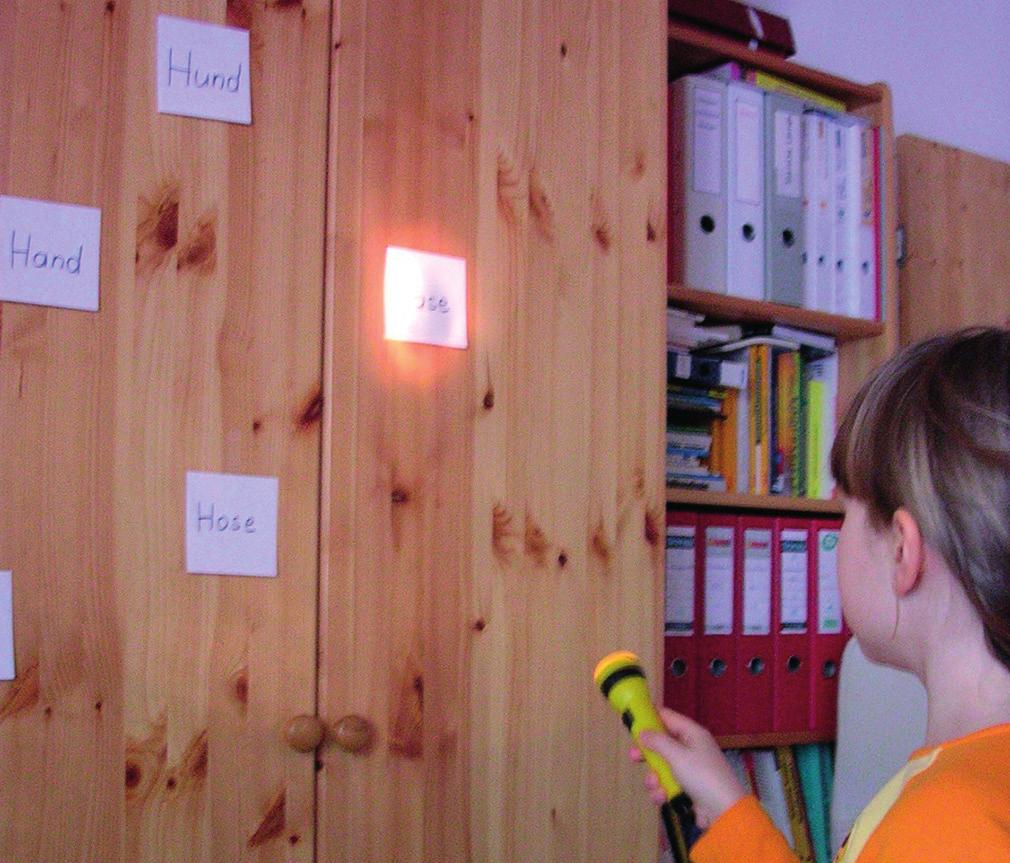 Blitzlesen mit der Taschenlampe Lernziel Schnelles ganzheitliches Erfassen bereits gelernter Wörter 1 bis 3 Wortkarten (an einer Wand / einer Tafel / einem Kasten) Taschenlampe Die Wortkarten (je