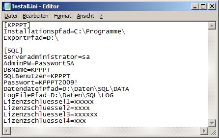 Seit Version 4.4 können Sie eine INI-Datei benutzen, um die Formulare der Installationsroutine maschinell zu befüllen. Datei Install.