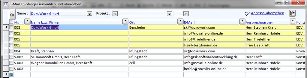 Seite 4 In der E-Mail Empfängerlistenauswahl sind alle E-Mail Adressen angezeigt, die entweder in den drei E-Mail Adressen der Ansprechpartner enthalten sind (Kontakt-Register II) oder die als Typ