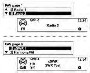 100 Infotainment System Es können bis zu 3 Favoritenseiten gespeichert werden wobei auf jeder Seite bis zu sechs Radio- bzw. DAB-Sender enthalten sein können.