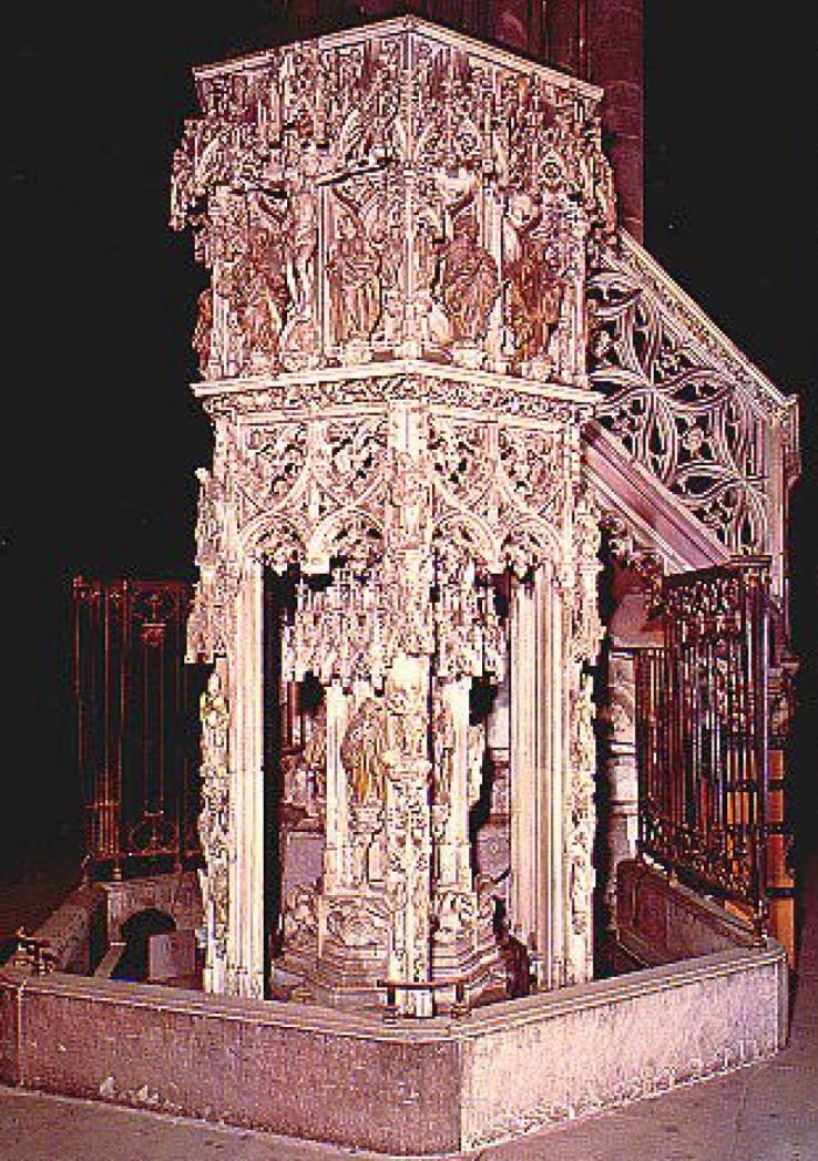 Spätgotische Kanzel im Straßburger Münster Ochsenkarre hatten sie eine Holzkanzel, mit der sie durch die Gegend fuhren und die sie meist auf dem Markplatz größerer Flecken aufbauten, um dann ihre