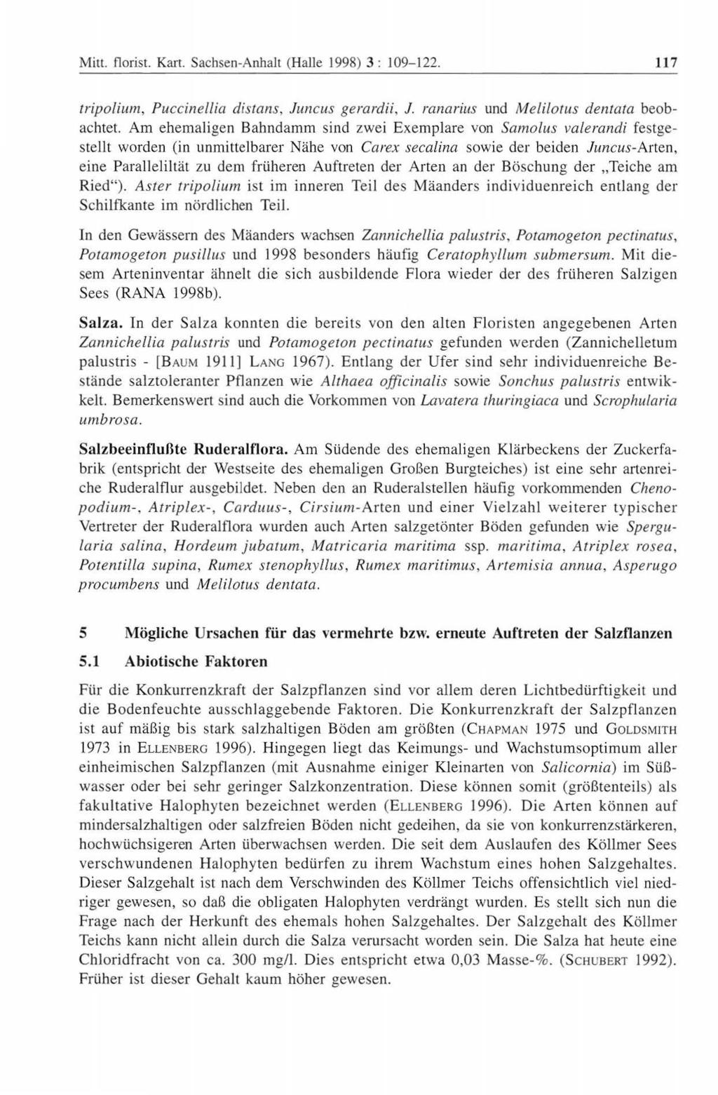 Mitt. tlorist. Kart. Sachsen-Anhalt (Halle 1998) 3 : 109-122. 117 tripolium, Puccine/lia distans, Juncus gerardii, J. ranarius und Melilotus dentata beobachtet.