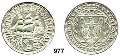 .. Vorzüglich+ 100,- 973 323 3 Reichsmark 1926 A Lübeck... Vorzüglich 80,- 974 325 3 Reichsmark 1927 A Bremerhaven.