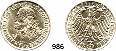 100 R E I C H S M Ü N Z E N 986 332 3 Reichsmark 1928 D Dürer...Prägefrisch 320,- 987 333 3 Reichsmark 1928 A Naumburg.