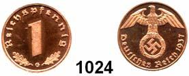 .. Vorzüglich - prägefrisch 200,- 1023 359 5 Reichsmark 1934 F Schiller...Rdd., vorzüglich 120,- 1024 361 1 Reichspfennig 1937 G.
