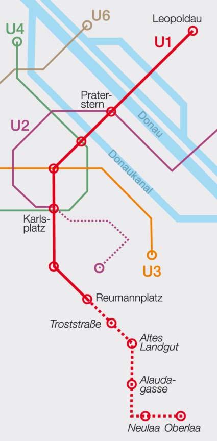 Die BewohnerInnen des südöstlichen Teils der Hansson-Siedlung und der Stadtentwicklungsgebiete südlich der Donauländebahn werden mit der Verlängerung der U-Bahnlinie U1 direkt an die Hauptschlagader