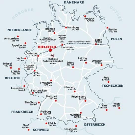 Überregionale Verkehrsanbindung Wichtige Verkehrsanbindungen: Autobahn A2: Dortmund 115 km Hannover 100 km Autobahn A33: Paderborn 40 km