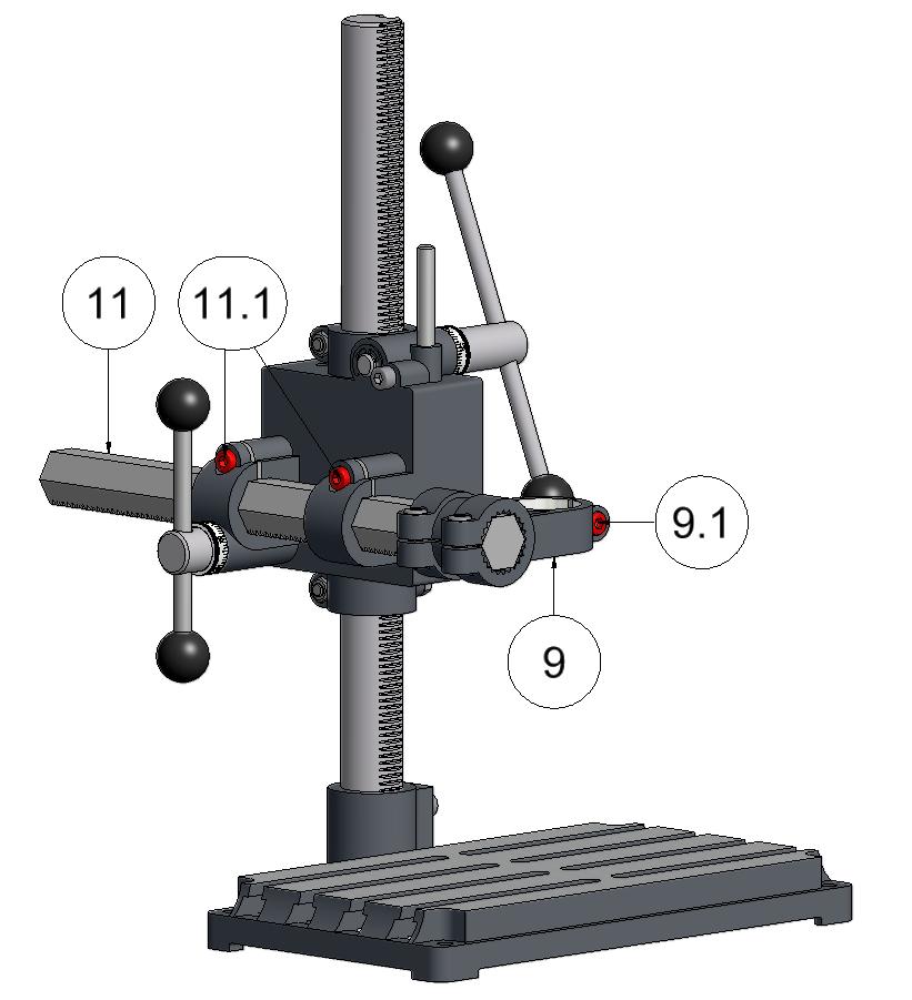 4. Drilling milling stands BF1240 BF1242 BF1243 BF1244 4.4 Attaching the drive unit for drilling 1. Position the neck of the hand-held drive unit in the machine support (9) 2.