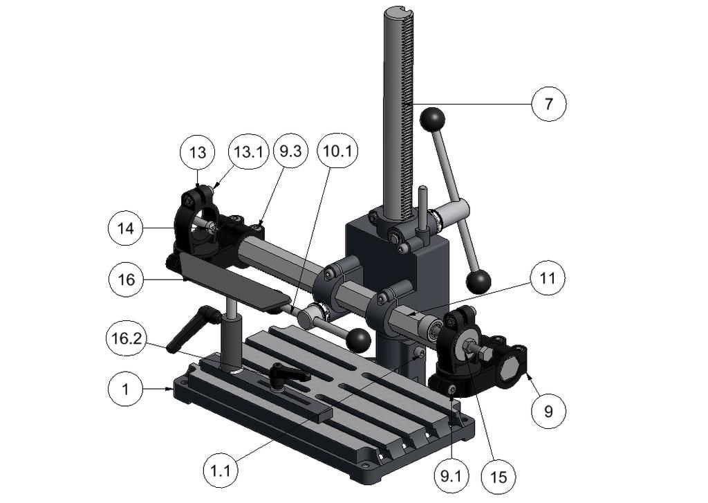 10. Turning jig for drilling milling stands 10.1 Assembly for turning between two centers Secure the drilling milling stand to a stationary and absolutely level surface with four screws.