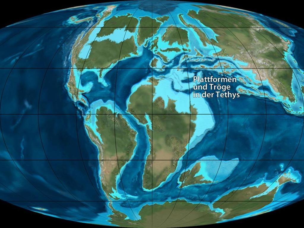 Abb. 3: Plattentektonische Situation in der mittleren Kreide. Noch immer ist die Abfolge von Podesten und Trögen im sich verengenden Raum der Tethys zwischen Afrika und Eurasien gut zu erkennen.