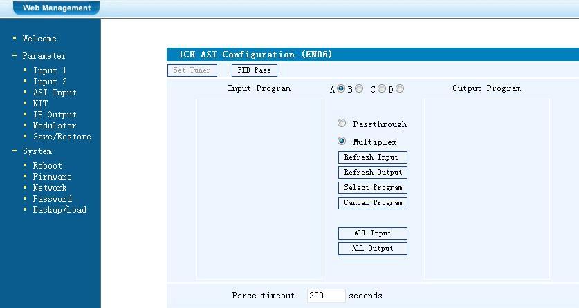 ASI Input PID Pass: Is the PID already used in the system, the user has to change this settings. Passthrough: Only the selected ASI programs are modulated at the output.
