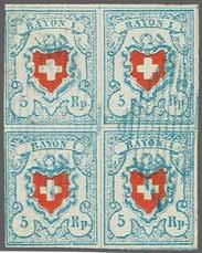 130 Schweiz: RAYON 212. Corinphila Auktion 25. - 26. November 2016 Rayon I hellblau ohne Einfassung (1851): Stein B3 4401 4402 4401 Type 5 r/u vom oberen Gruppenabstand, farbfr.