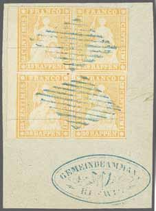 148 Schweiz: STRUBEL 212. Corinphila Auktion 25. - 26. November 2016 4458 Berner Druck I. Periode (1854/55) 5 Rp. gelbbraun von der linken oberen Bogenecke, farbfr.